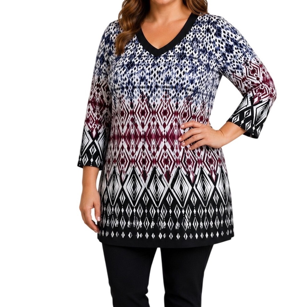 Christopher & Banks Tunic XL Blue White Burgundy 3/4 Sleeve V-Neck‎ Stretch